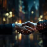 two people shaking hands over a city street at night