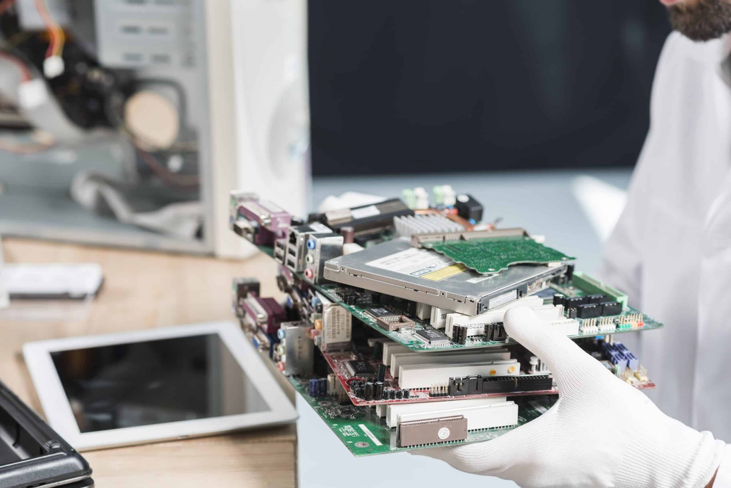 a man in a lab coat holding a computer motherboard